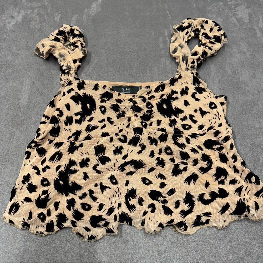 Vibe Black and Tan Leopard print crop top Camisole tie shoulder straps women’s M